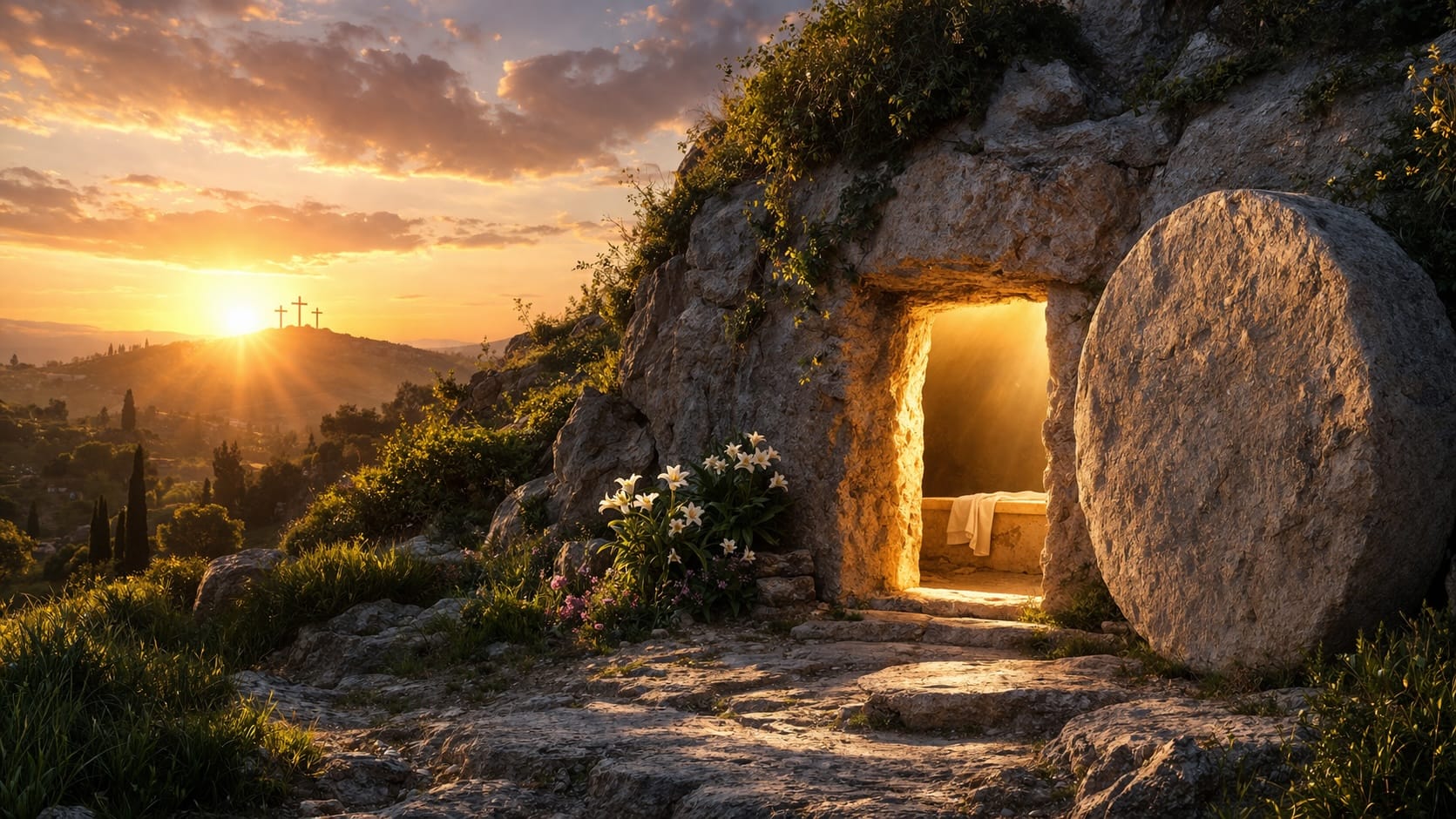 An empty tomb with its round stone rolled away and light glowing inside, with three crosses on a distant hill at sunrise.