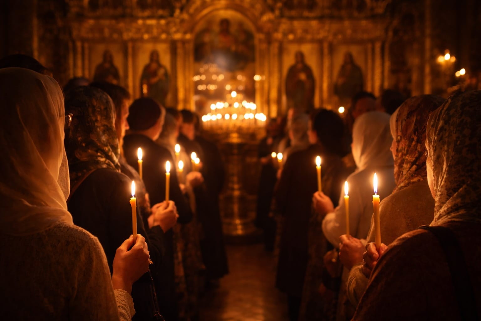 Worshippers, some with headscarves, holding lit candles inside an ornate Orthodox church lined with icons.
