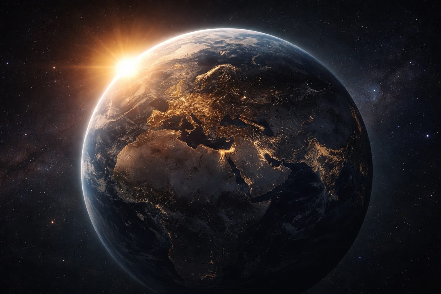 The Earth seen from space with the sun rising over its edge and city lights glowing across the dark side.
