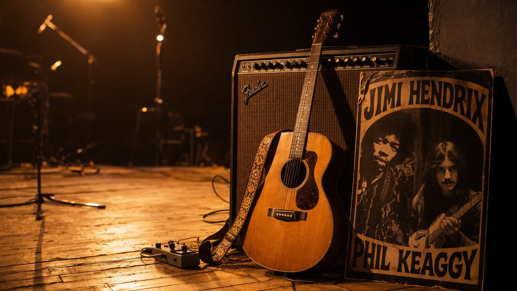 An acoustic guitar leaning on a Fender amplifier on a stage beside a poster with the names Jimi Hendrix and Phil Keaggy.