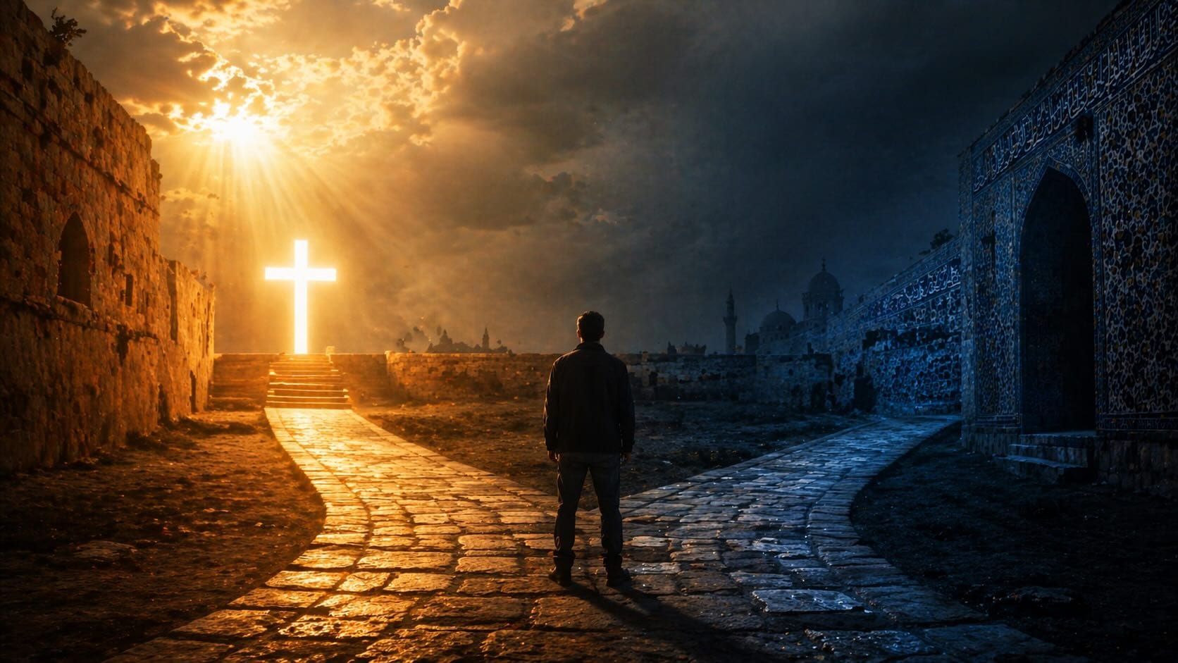 A man standing on a cobbled path that forks toward a glowing cross on one side and a mosque skyline on the other.