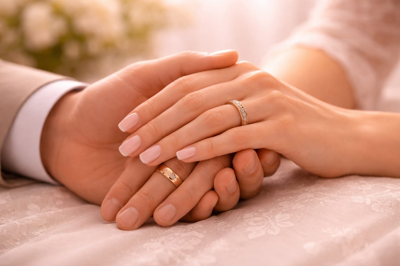 Close-up of a couple's hands clasped together, both wearing wedding rings, on a lace tablecloth.