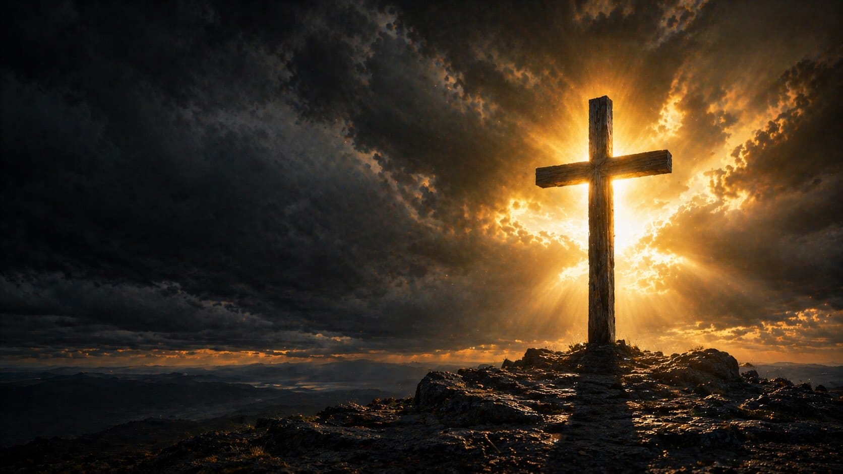 A glowing wooden cross on a rocky hilltop with golden light breaking through dark storm clouds.