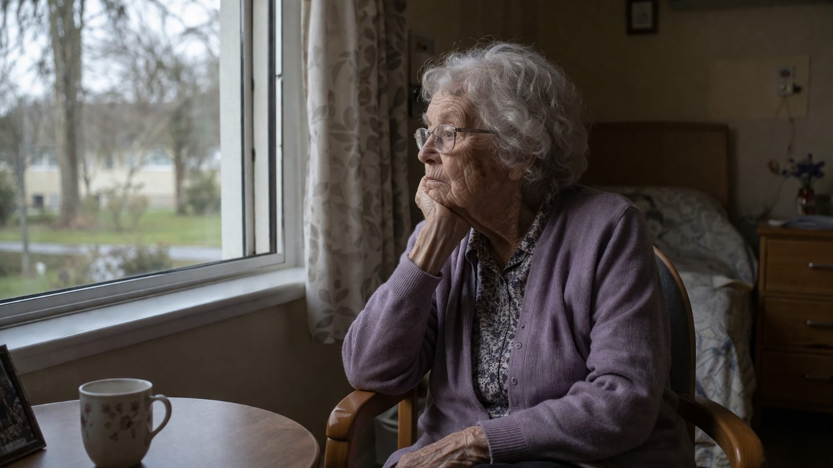 An elderly woman in a lilac cardigan resting her chin on her hand and gazing out of a window in a care home room.