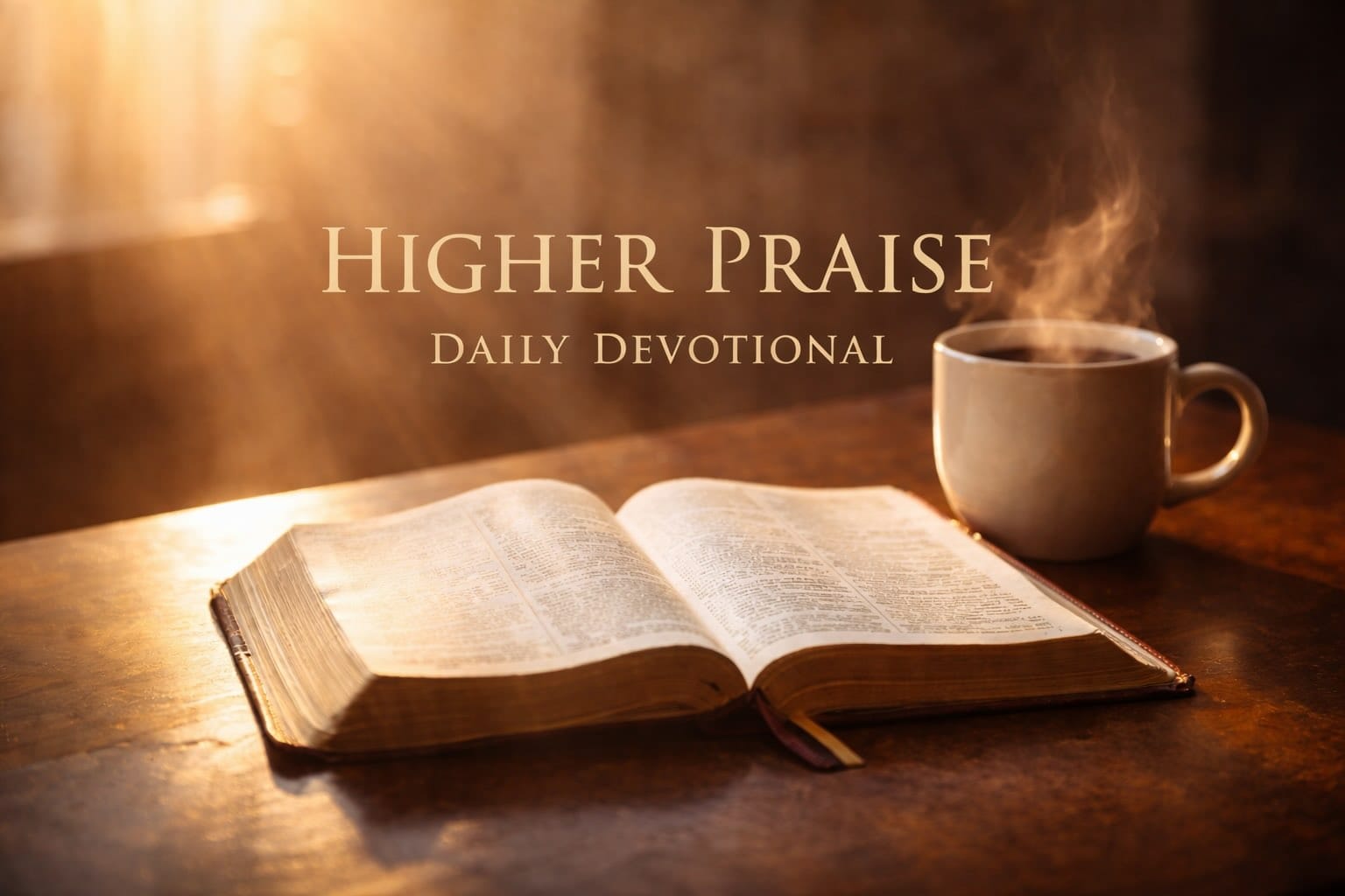An open Bible beside a steaming coffee cup on a wooden table, with the words "Higher Praise Daily Devotional" above them.