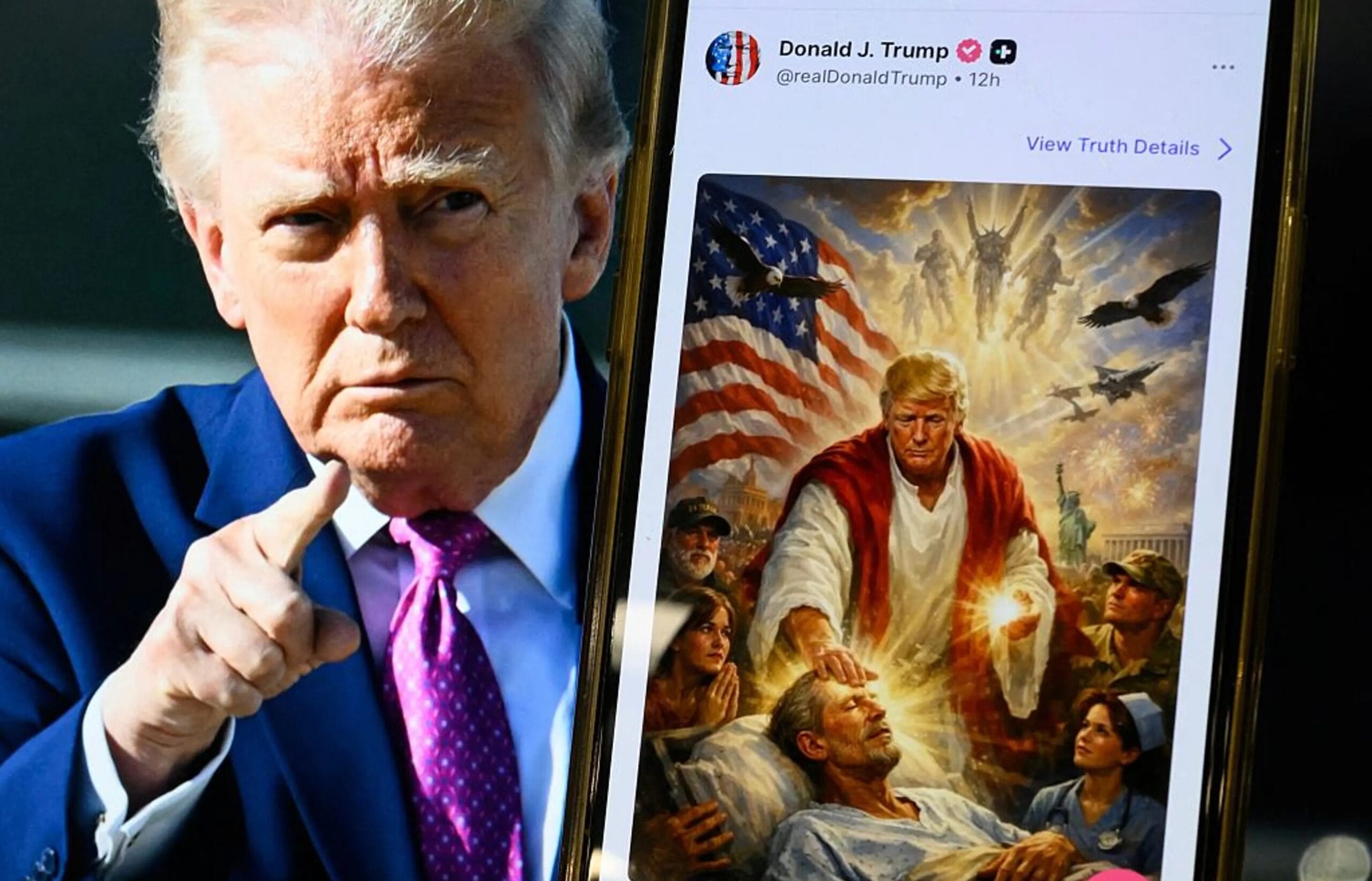 Donald Trump pointing his finger beside a phone that shows his Truth Social post of an AI-generated picture of himself in Jesus-style robes healing a sick man.