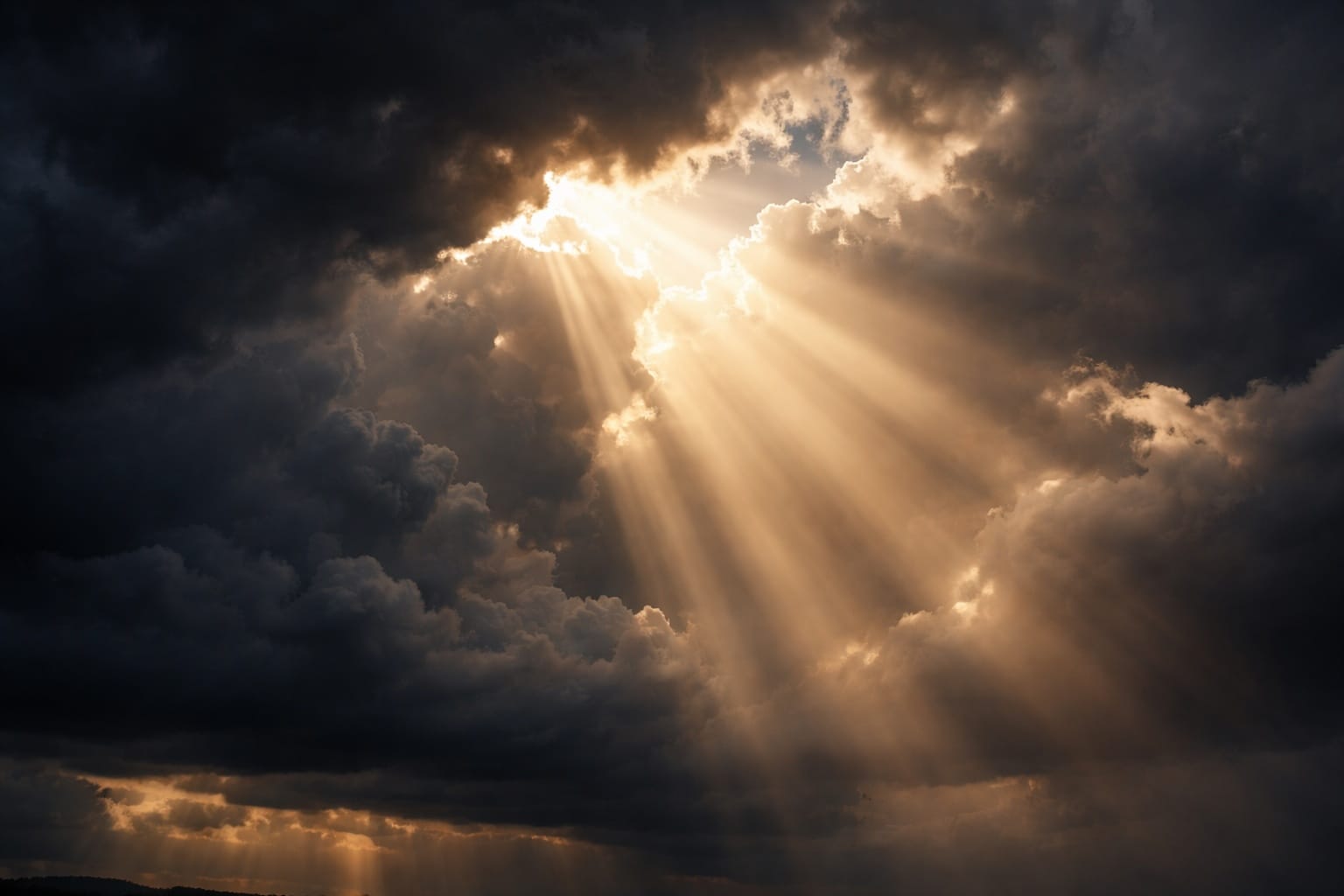 Rays of light breaking through dark, heavy storm clouds.