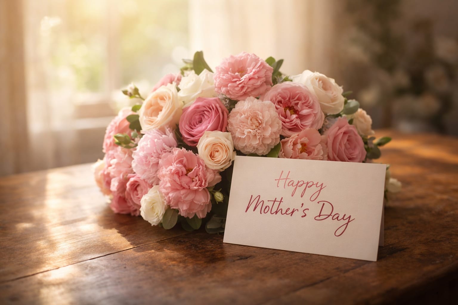 A bouquet of pink and cream roses and carnations beside a card reading "Happy Mother's Day" on a wooden table.
