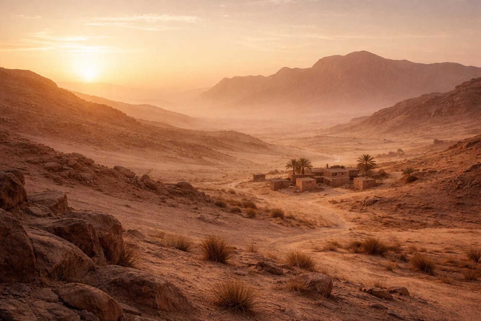 A small village with palm trees in a rocky desert valley at sunrise, with mountains in the distance.