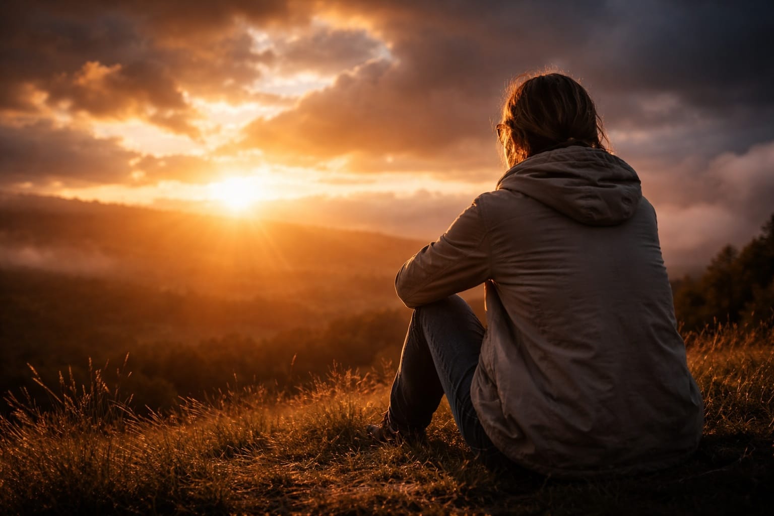 A person in a hooded jacket sitting on a grassy hillside, watching the sun set through clouds.